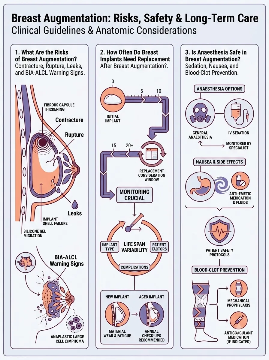 Medical schematic diagram illustrating risks, safety &amp; long-term care in breast augmentation surgery by Dr. Vishal Purohit in Jaipur