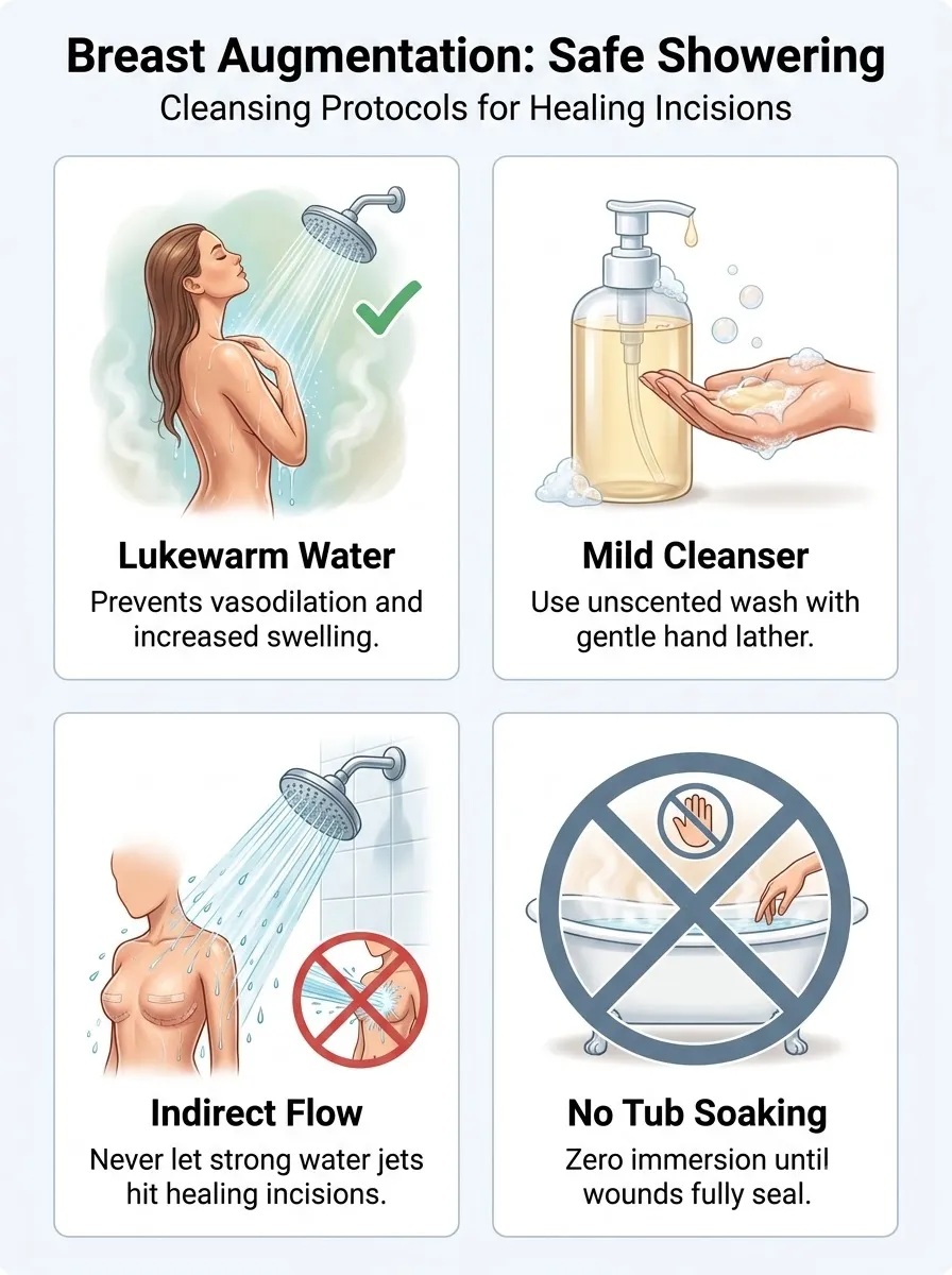 Medical schematic diagram illustrating safe showering and cleaning guidelines in breast augmentation surgery by Dr. Vishal Purohit in Jaipur