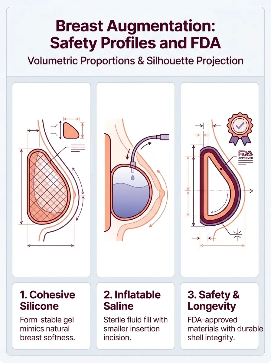 Medical schematic diagram illustrating safety profiles and fda approval status in breast augmentation surgery by Dr. Vishal Purohit in Jaipur