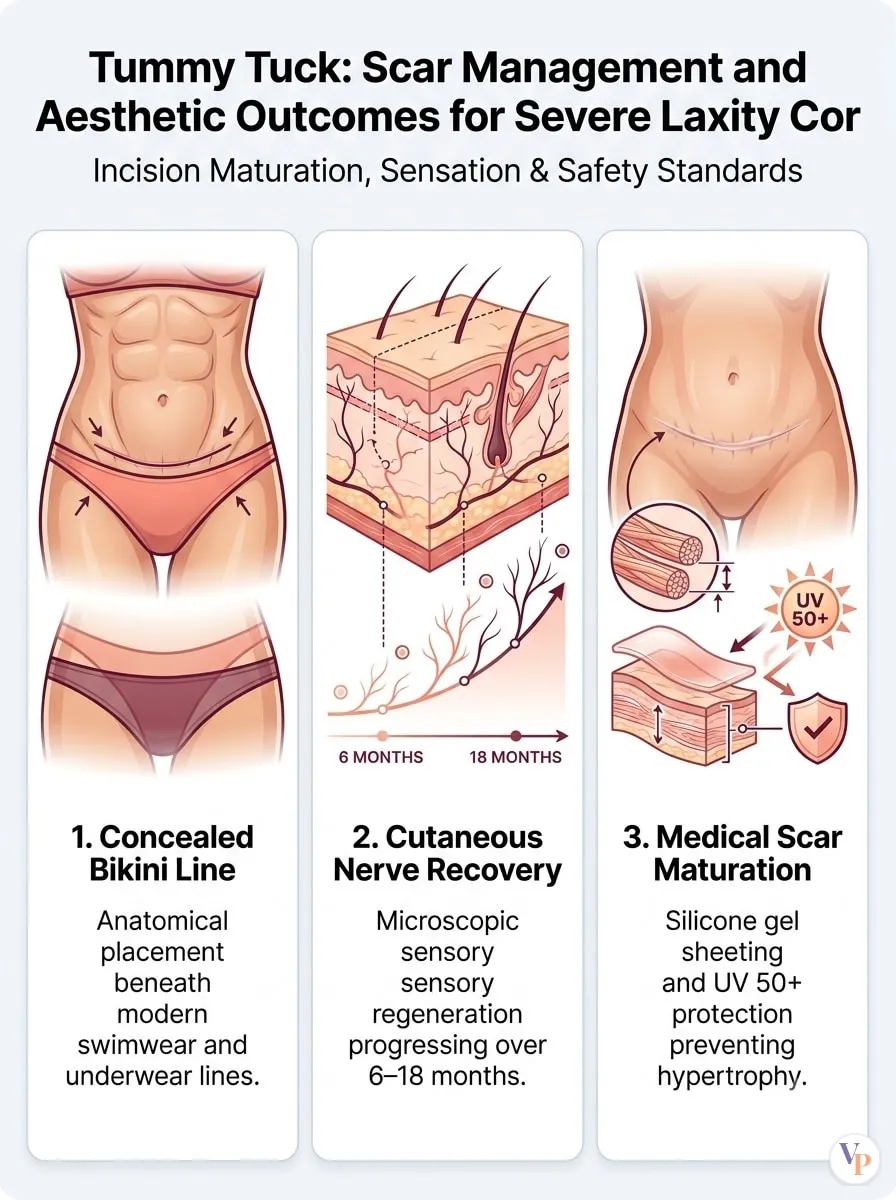Medical schematic diagram illustrating Scar Management and Aesthetic Outcomes for Severe Laxity Corrections in tummy tuck surgery by Dr. Vishal Purohit in Jaipur