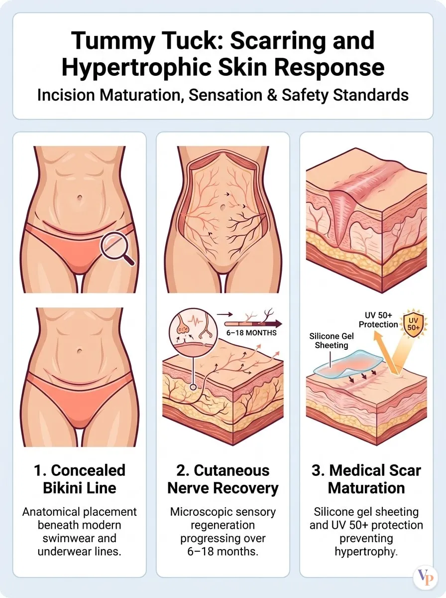 Medical schematic diagram illustrating Scarring and Hypertrophic Skin Response in tummy tuck surgery by Dr. Vishal Purohit in Jaipur