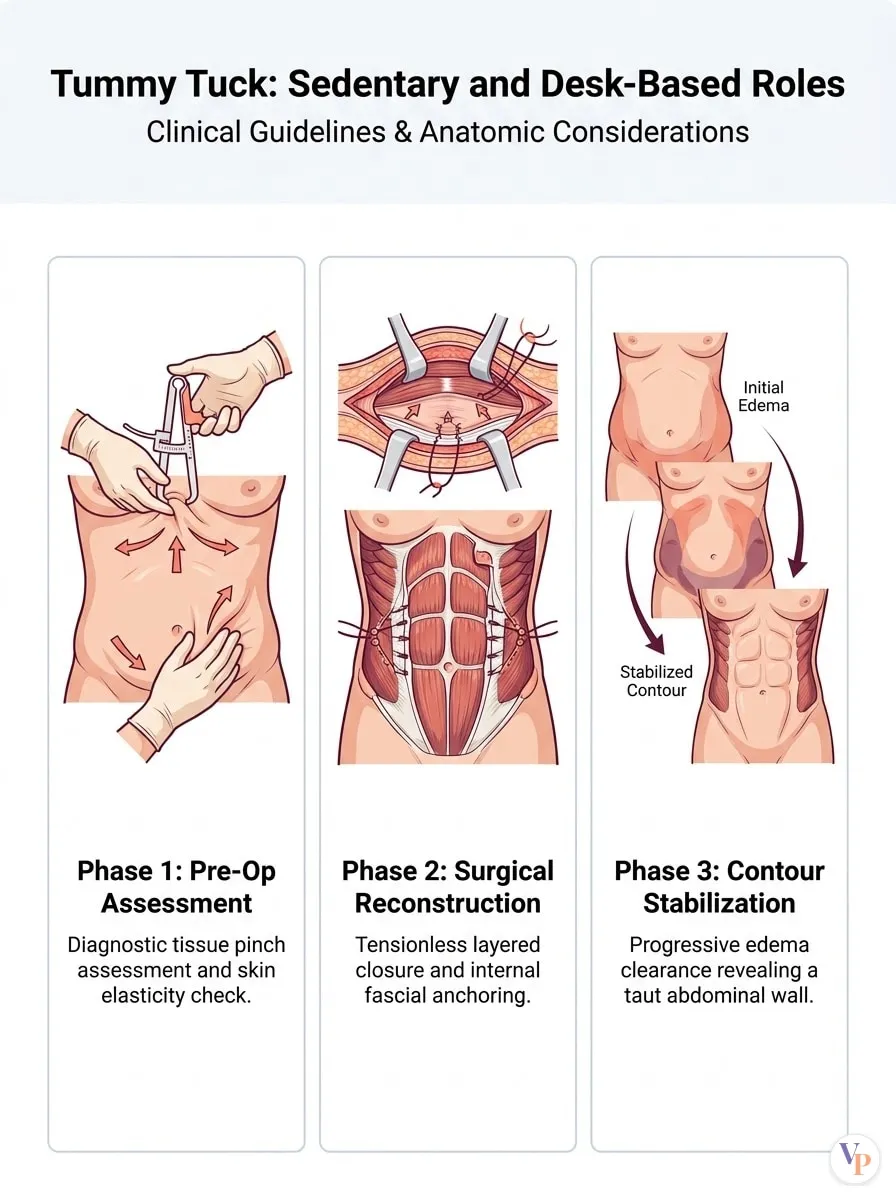 Medical schematic diagram illustrating Sedentary and Desk-Based Roles in tummy tuck surgery by Dr. Vishal Purohit in Jaipur