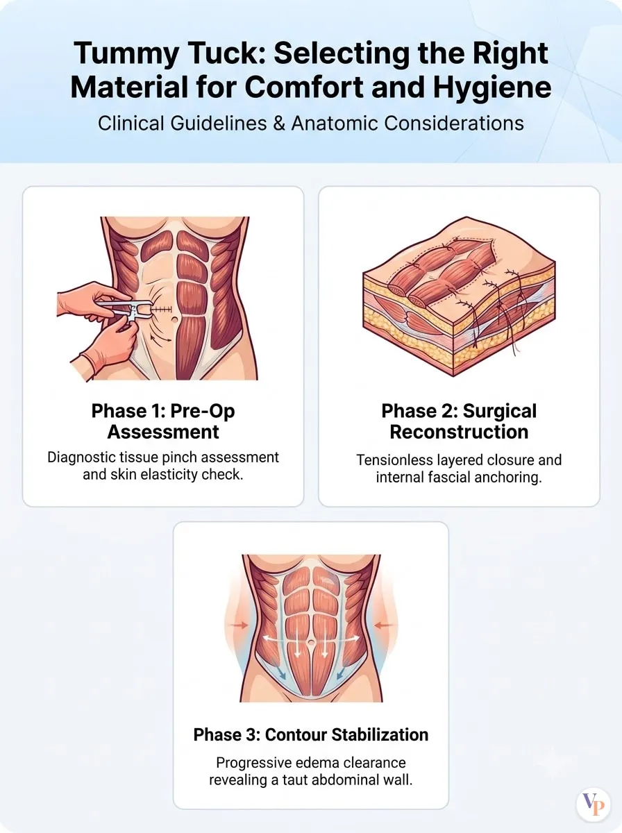 Medical schematic diagram illustrating Selecting the Right Material for Comfort and Hygiene in tummy tuck surgery by Dr. Vishal Purohit in Jaipur