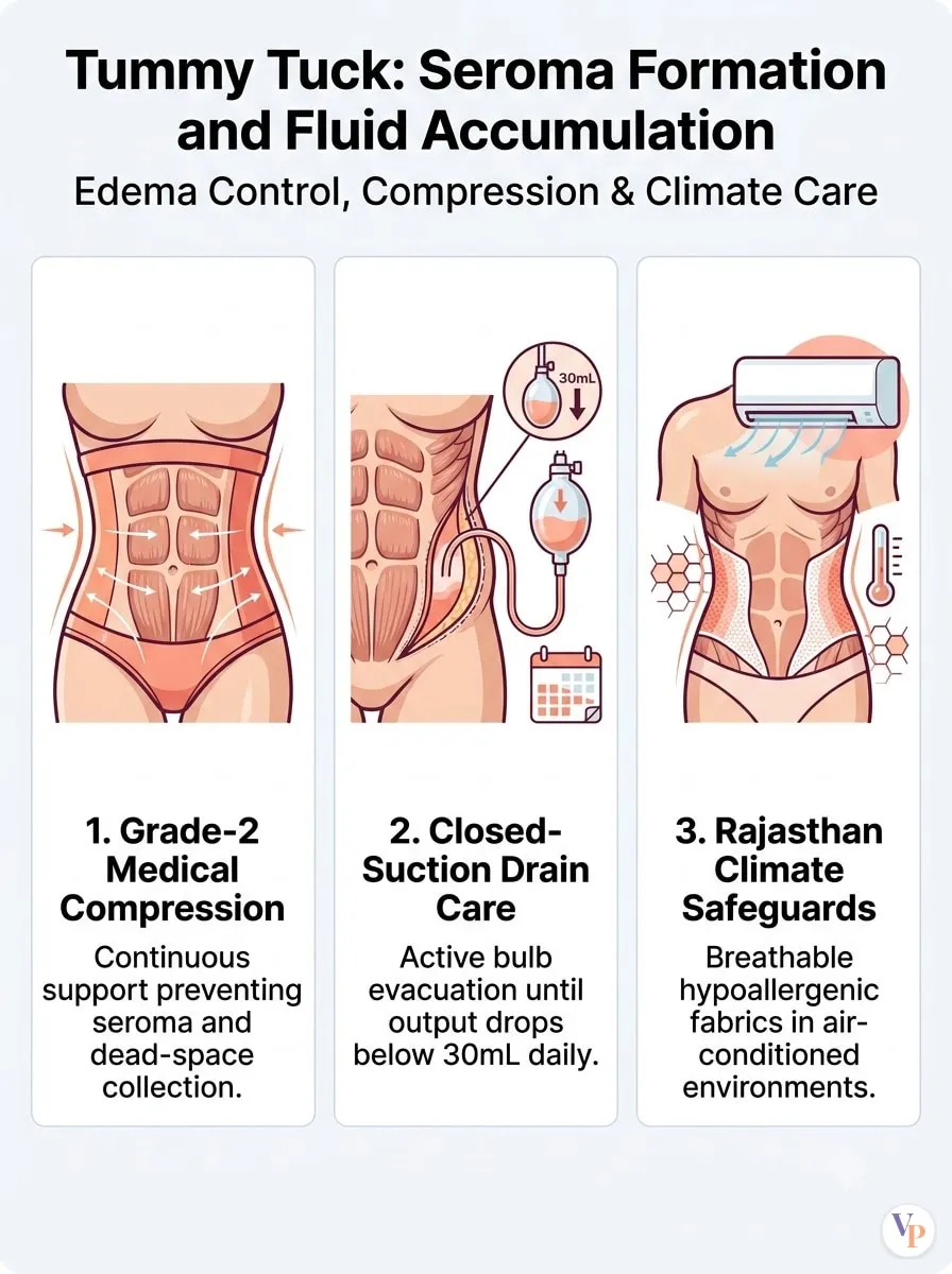 Medical schematic diagram illustrating Seroma Formation and Fluid Accumulation in tummy tuck surgery by Dr. Vishal Purohit in Jaipur