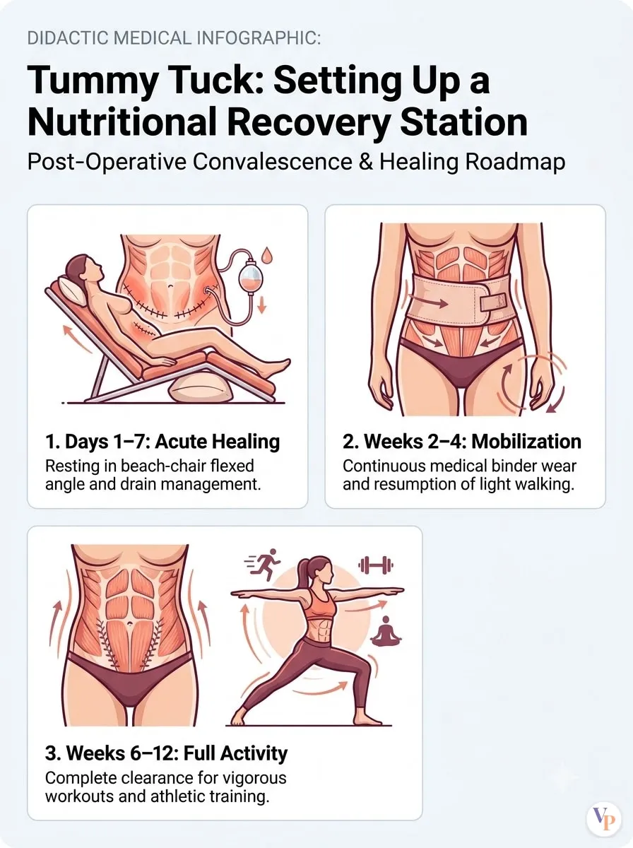 Medical schematic diagram illustrating Setting Up a Nutritional Recovery Station in tummy tuck surgery by Dr. Vishal Purohit in Jaipur