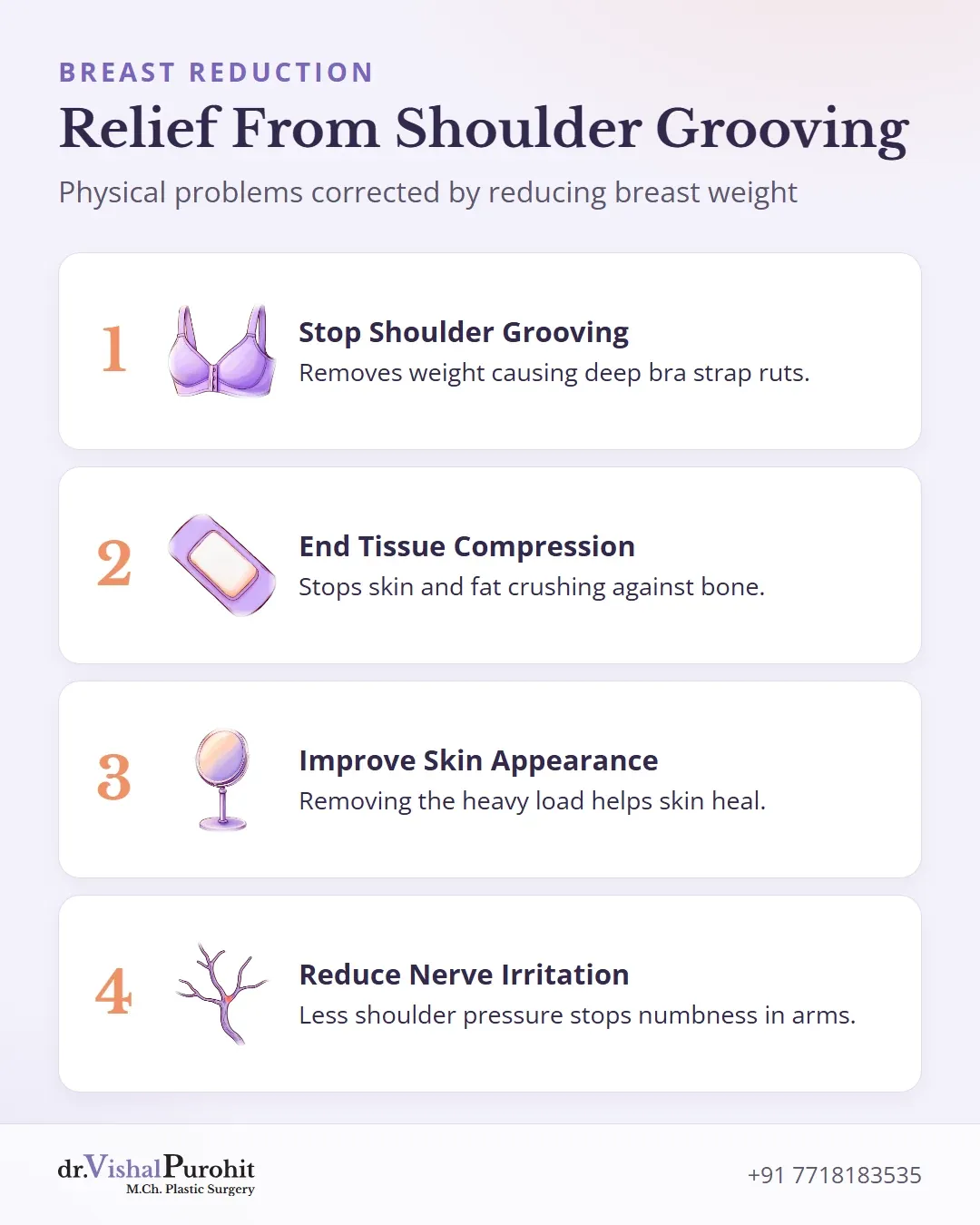 Four physical problems resolved by breast reduction shoulder grooving relief.