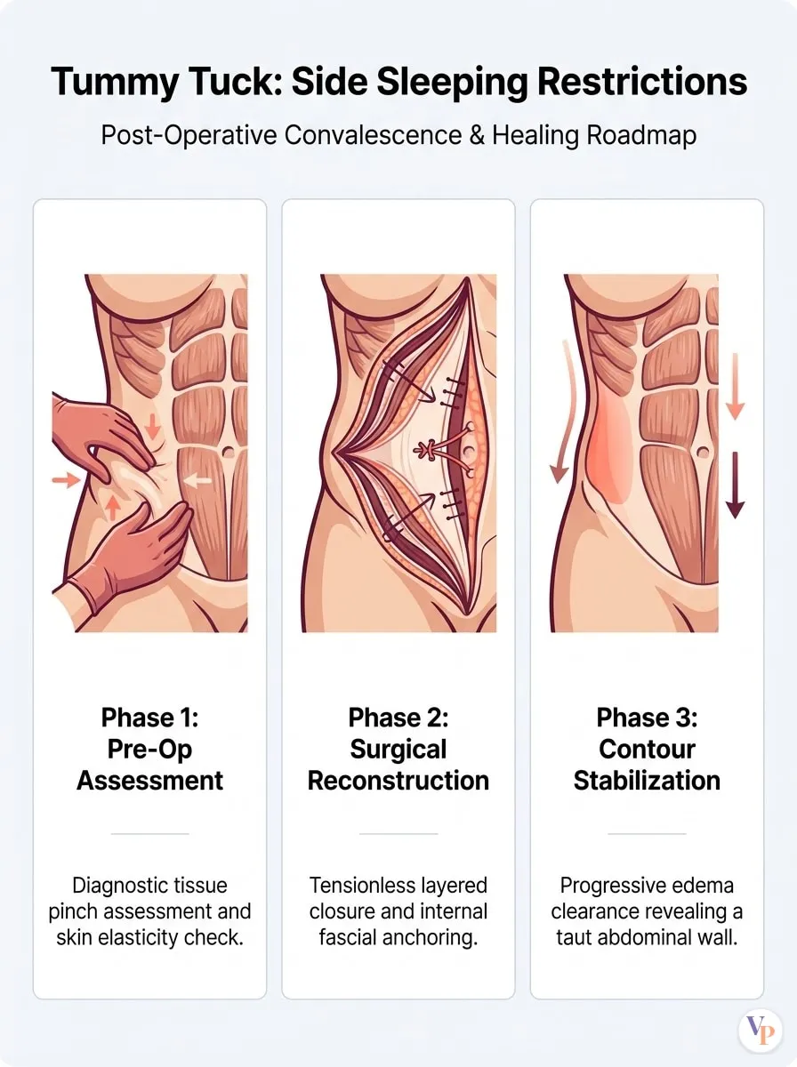 Medical schematic diagram illustrating Side Sleeping Restrictions in tummy tuck surgery by Dr. Vishal Purohit in Jaipur