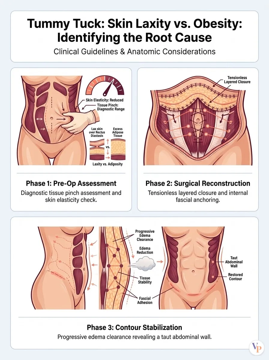 Medical schematic diagram illustrating Skin Laxity vs. Obesity: Identifying the Root Cause in tummy tuck surgery by Dr. Vishal Purohit in Jaipur