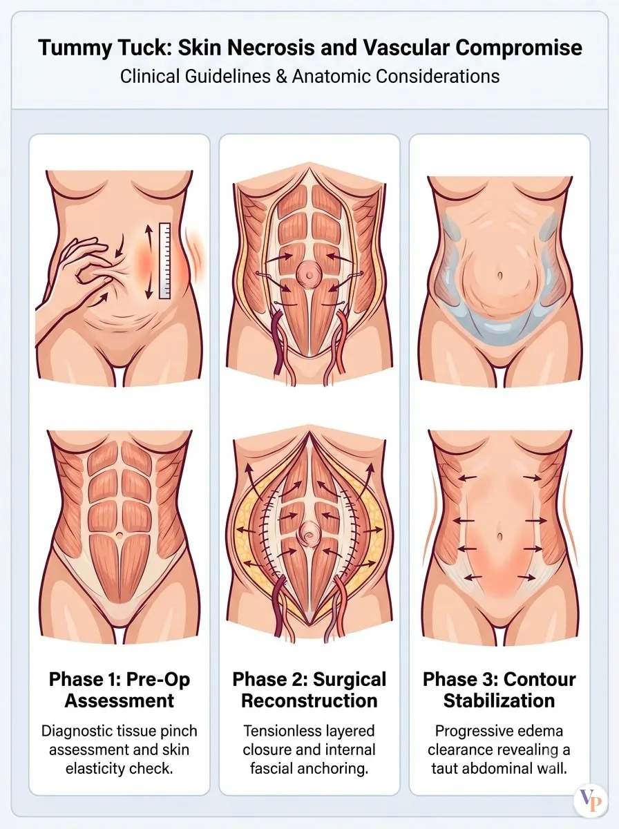 Medical schematic diagram illustrating Skin Necrosis and Vascular Compromise in tummy tuck surgery by Dr. Vishal Purohit in Jaipur