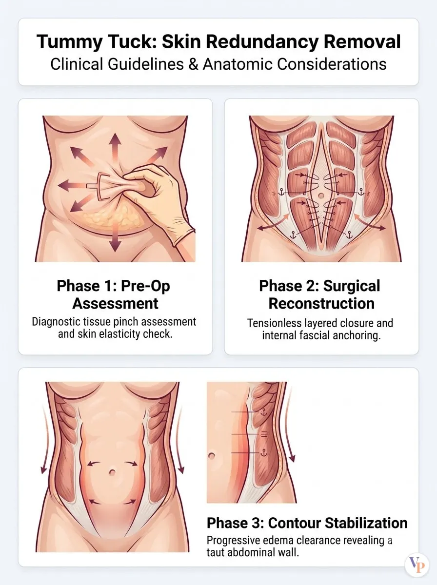 Medical schematic diagram illustrating Skin Redundancy Removal in tummy tuck surgery by Dr. Vishal Purohit in Jaipur