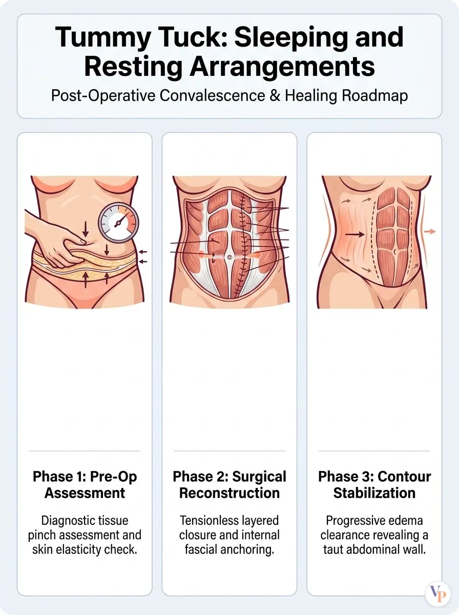 Medical schematic diagram illustrating Sleeping and Resting Arrangements in tummy tuck surgery by Dr. Vishal Purohit in Jaipur