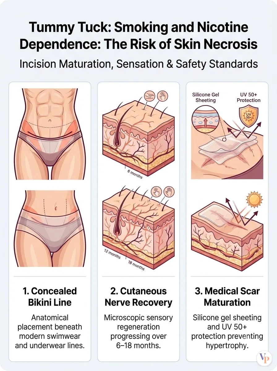 Medical schematic diagram illustrating Smoking and Nicotine Dependence: The Risk of Skin Necrosis in tummy tuck surgery by Dr. Vishal Purohit in Jaipur