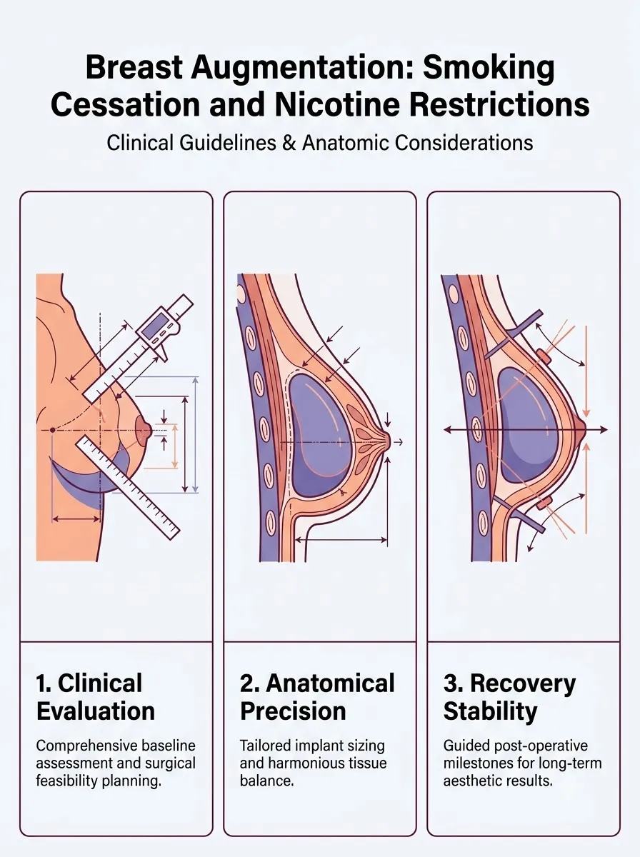 Medical schematic diagram illustrating smoking cessation and nicotine restrictions in breast augmentation surgery by Dr. Vishal Purohit in Jaipur