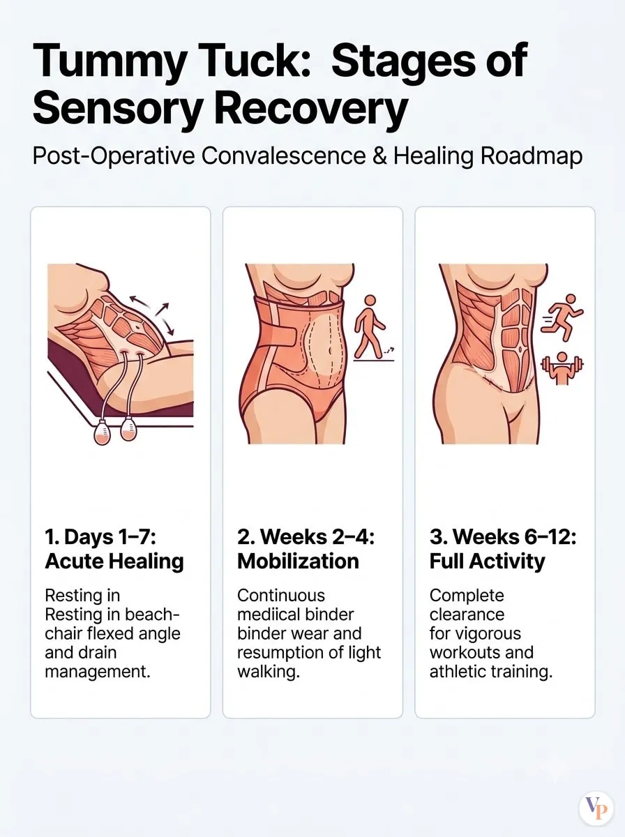 Medical schematic diagram illustrating Stages of Sensory Recovery in tummy tuck surgery by Dr. Vishal Purohit in Jaipur