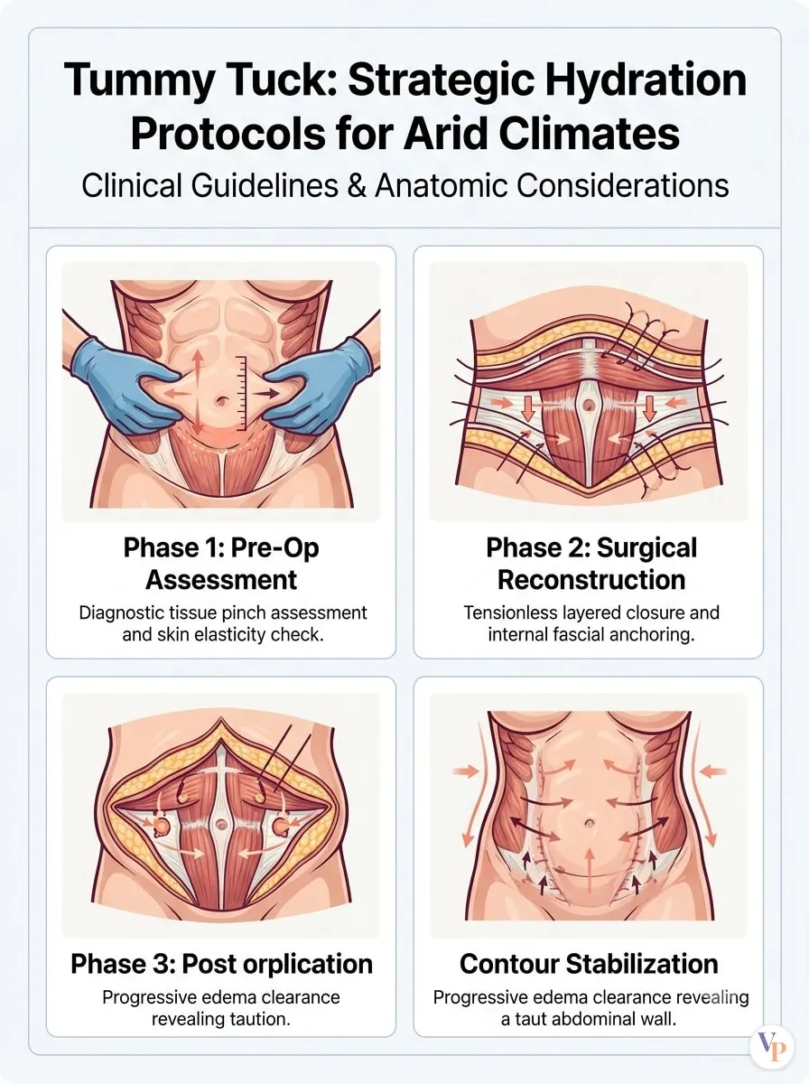 Medical schematic diagram illustrating Strategic Hydration Protocols for Arid Climates in tummy tuck surgery by Dr. Vishal Purohit in Jaipur