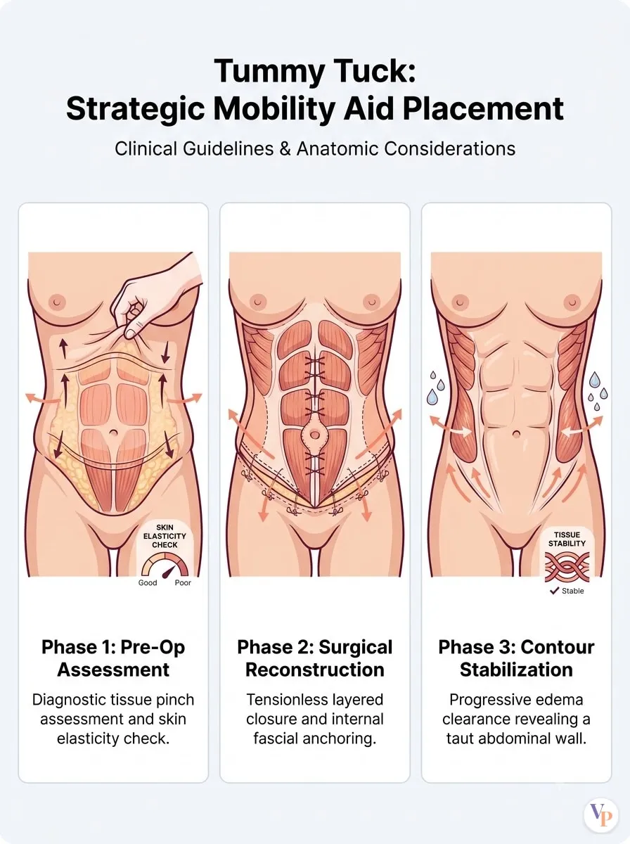 Medical schematic diagram illustrating Strategic Mobility Aid Placement in tummy tuck surgery by Dr. Vishal Purohit in Jaipur