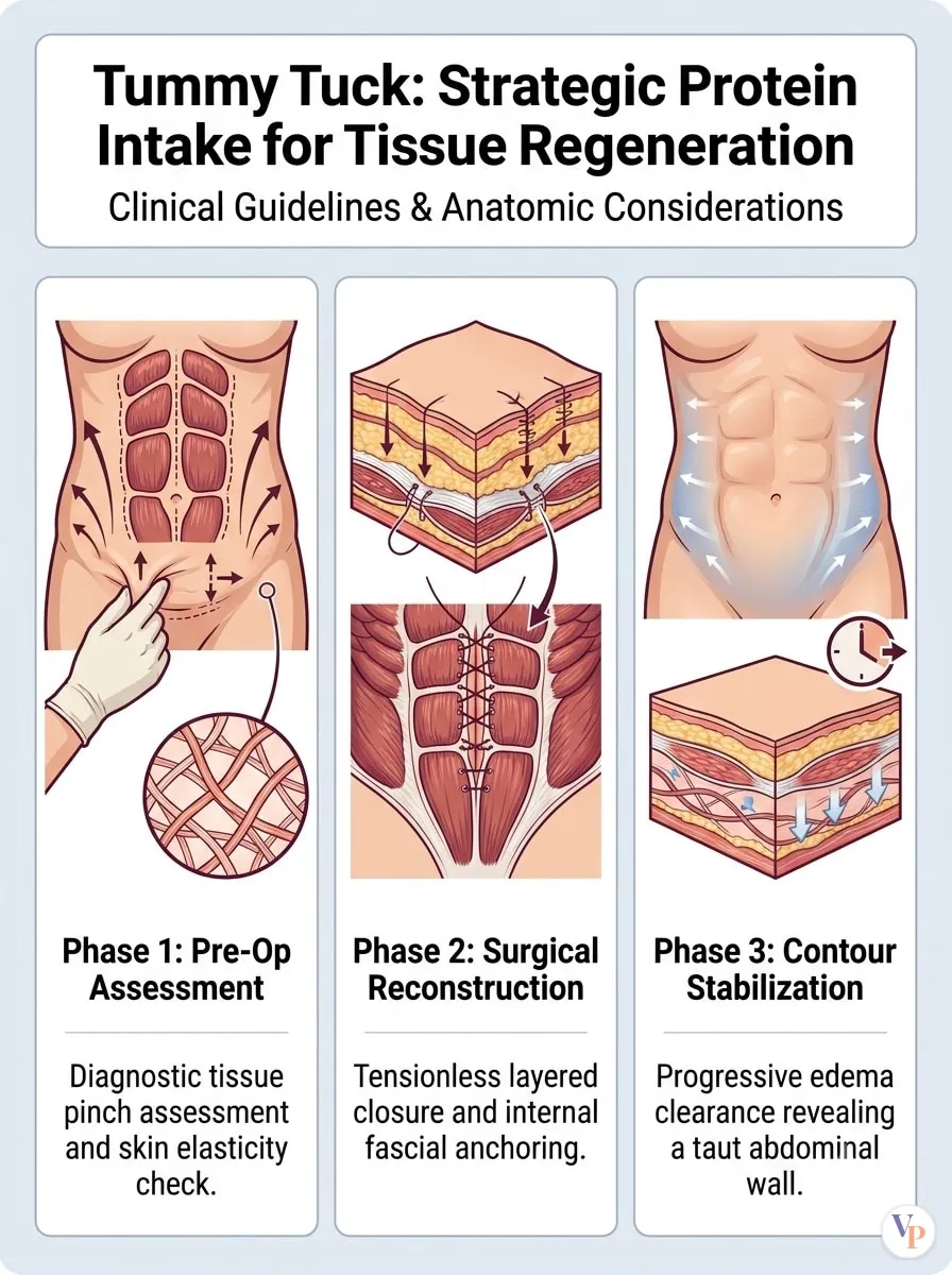 Medical schematic diagram illustrating Strategic Protein Intake for Tissue Regeneration in tummy tuck surgery by Dr. Vishal Purohit in Jaipur