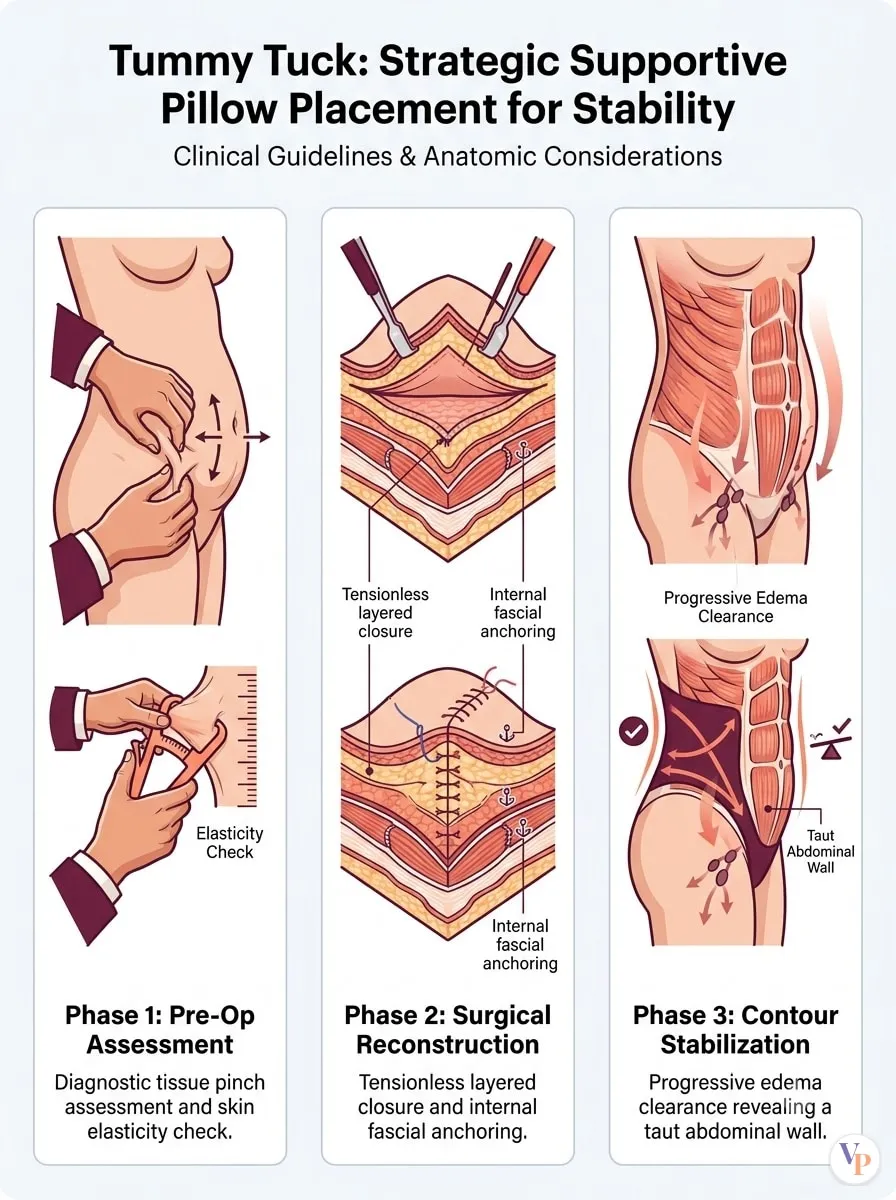 Medical schematic diagram illustrating Strategic Supportive Pillow Placement for Stability in tummy tuck surgery by Dr. Vishal Purohit in Jaipur