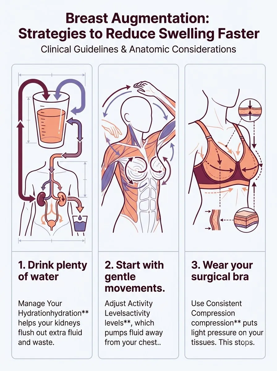 Medical schematic diagram illustrating strategies to reduce swelling faster in breast augmentation surgery by Dr. Vishal Purohit in Jaipur