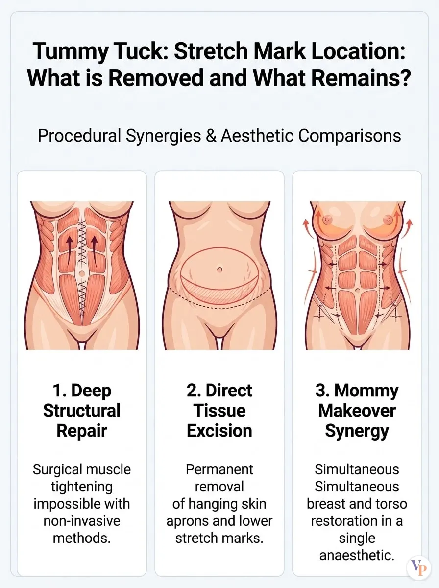 Medical schematic diagram illustrating Stretch Mark Location: What is Removed and What Remains? in tummy tuck surgery by Dr. Vishal Purohit in Jaipur