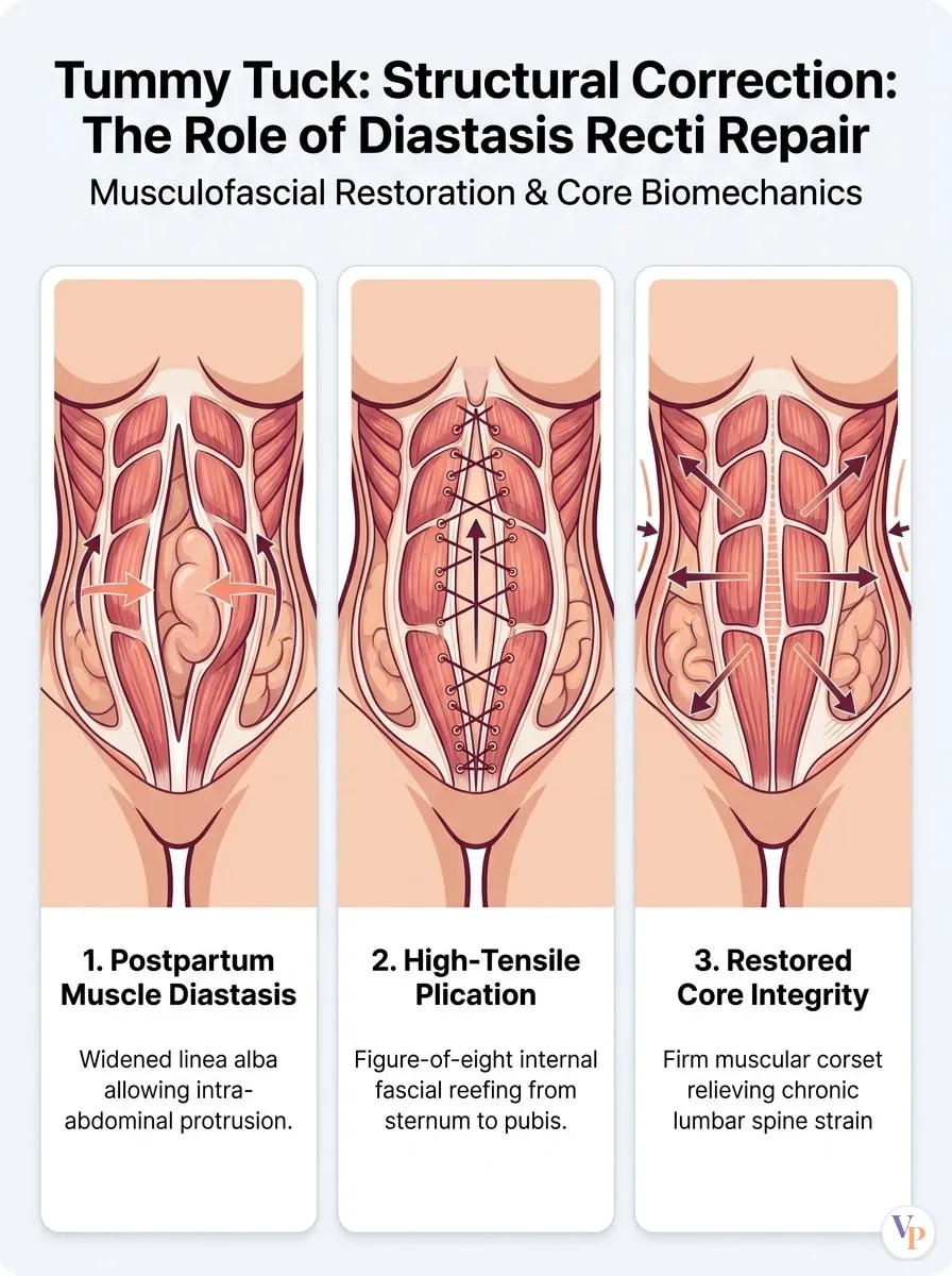 Medical schematic diagram illustrating Structural Correction: The Role of Diastasis Recti Repair in tummy tuck surgery by Dr. Vishal Purohit in Jaipur