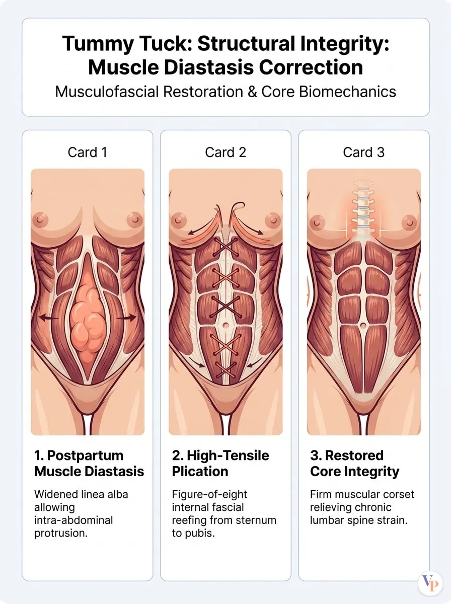Medical schematic diagram illustrating Structural Integrity: Muscle Diastasis Correction in tummy tuck surgery by Dr. Vishal Purohit in Jaipur