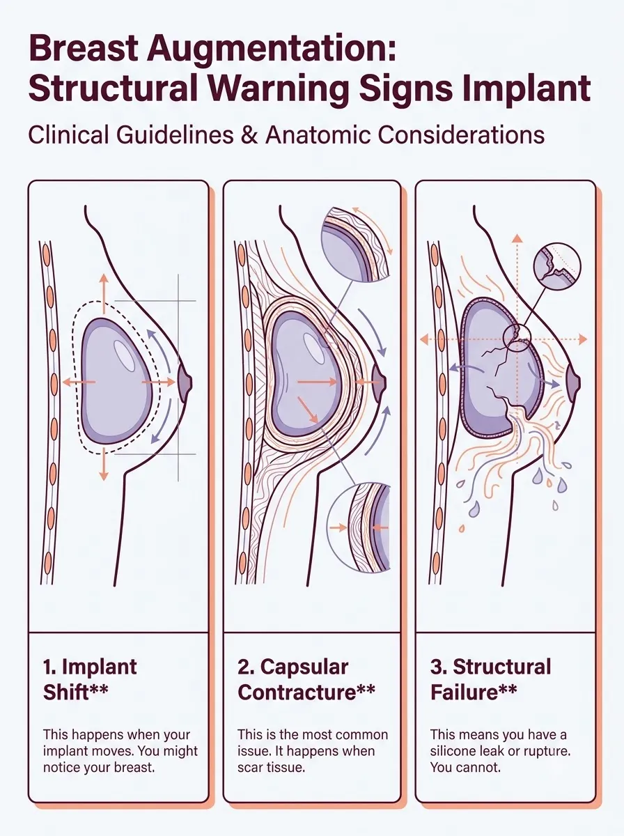 Medical schematic diagram illustrating structural warning signs: implant displacement and rupture in breast augmentation surgery by Dr. Vishal Purohit in Jaipur