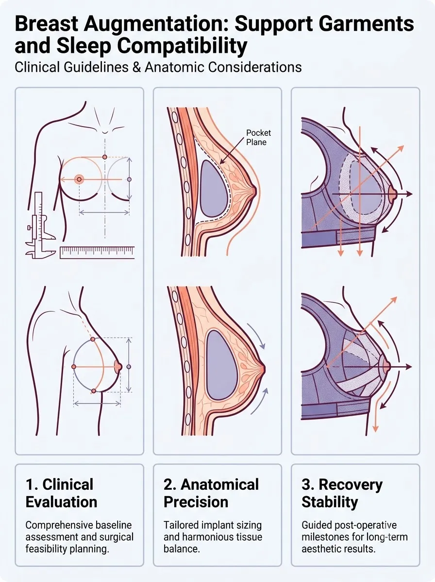 Medical schematic diagram illustrating support garments and sleep compatibility in breast augmentation surgery by Dr. Vishal Purohit in Jaipur