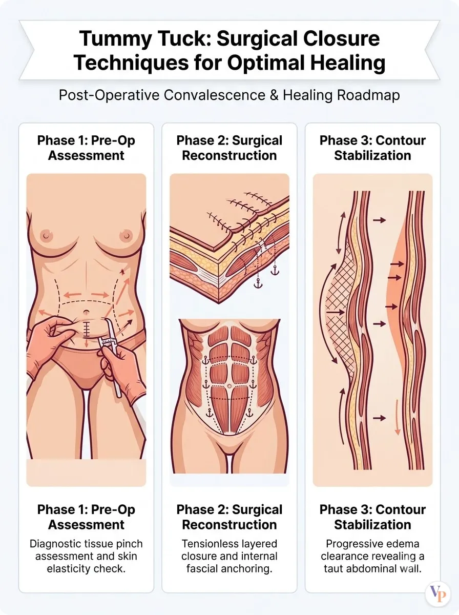 Medical schematic diagram illustrating Surgical Closure Techniques for Optimal Healing in tummy tuck surgery by Dr. Vishal Purohit in Jaipur