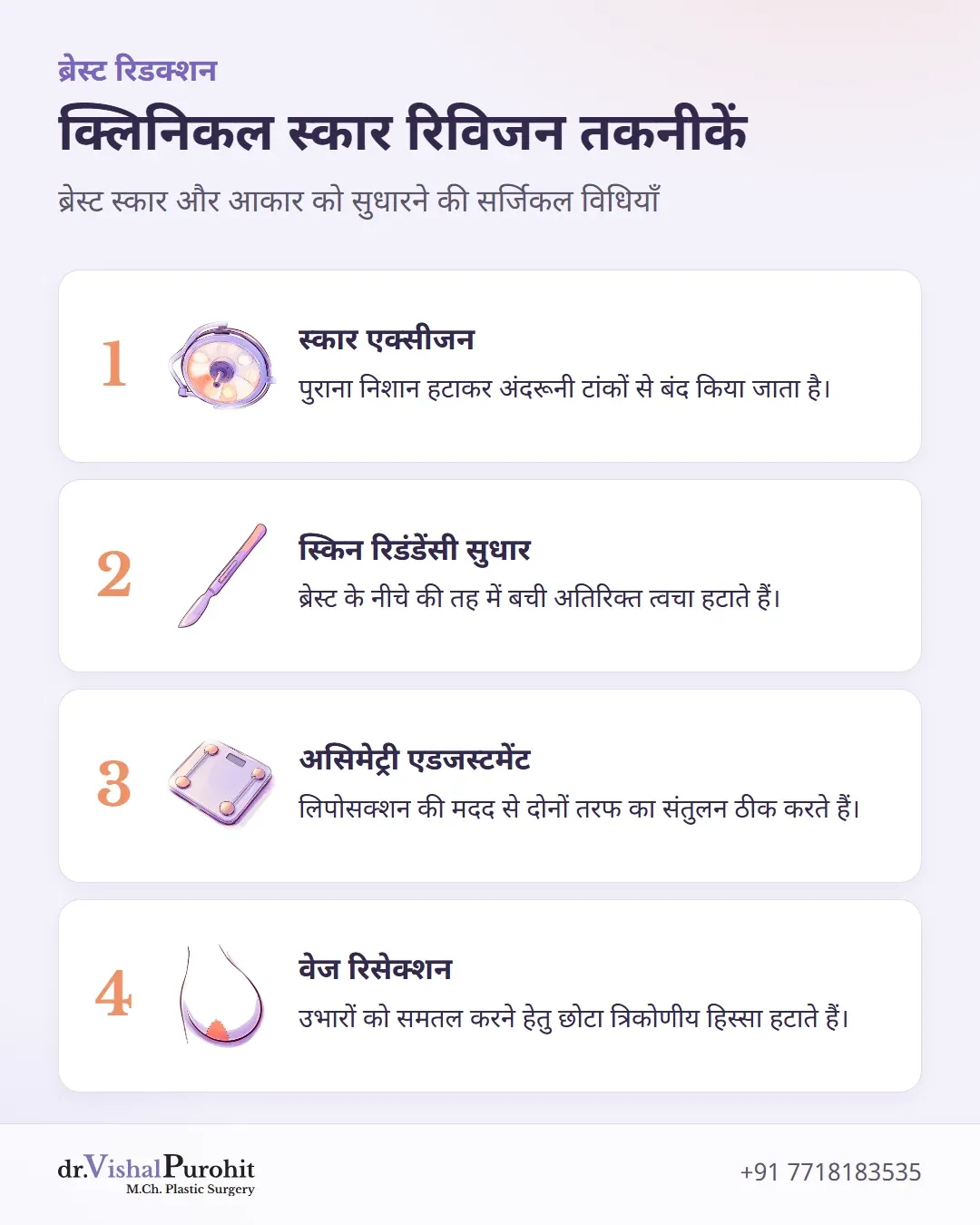 क्लिनिकल स्कार रिविजन की विधियाँ: स्कार एक्सीजन, त्वचा सुधार, असिमेट्री लिपोसक्शन और वेज रिसेक्शन।