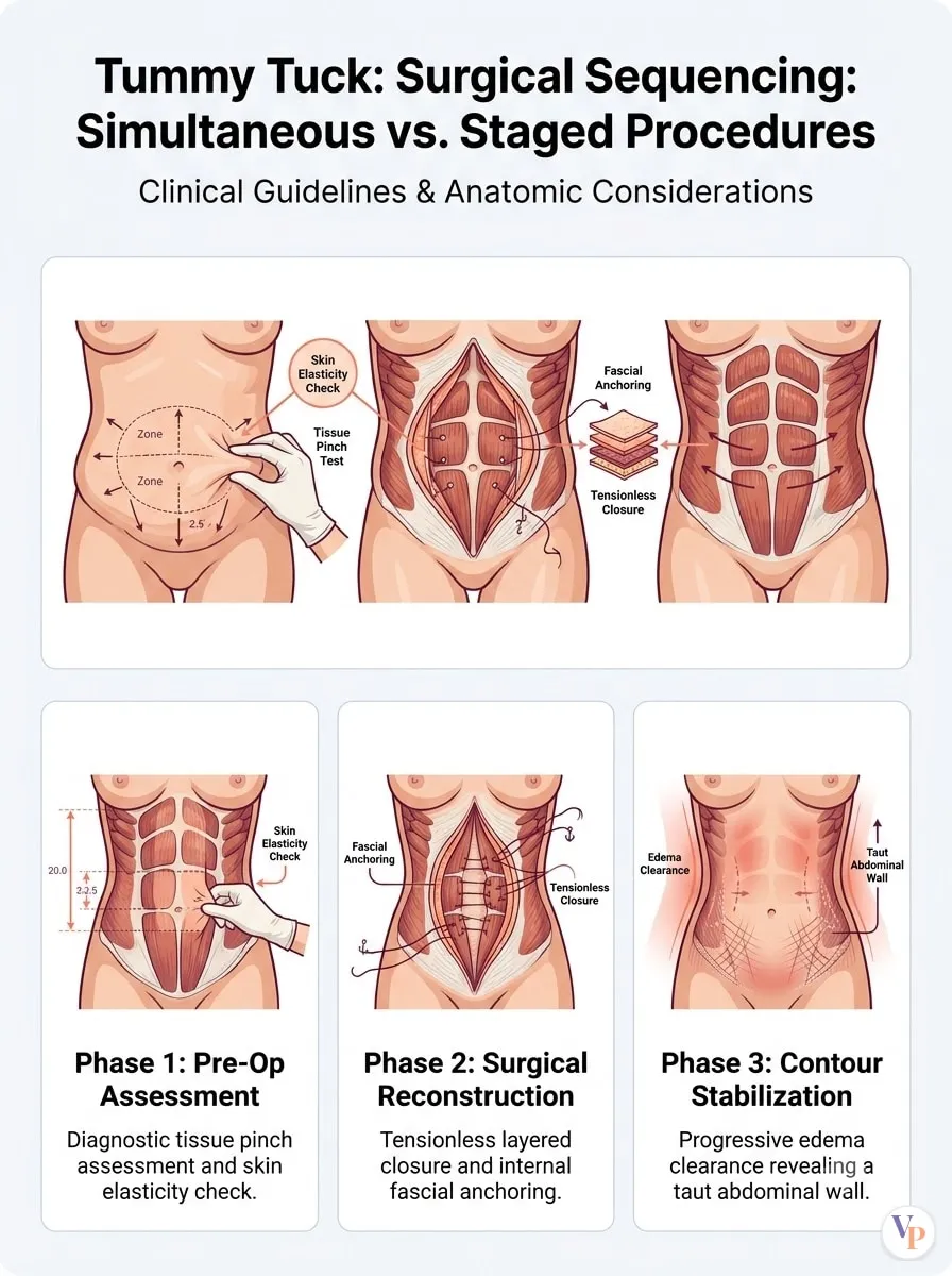 Medical schematic diagram illustrating Surgical Sequencing: Simultaneous vs. Staged Procedures in tummy tuck surgery by Dr. Vishal Purohit in Jaipur