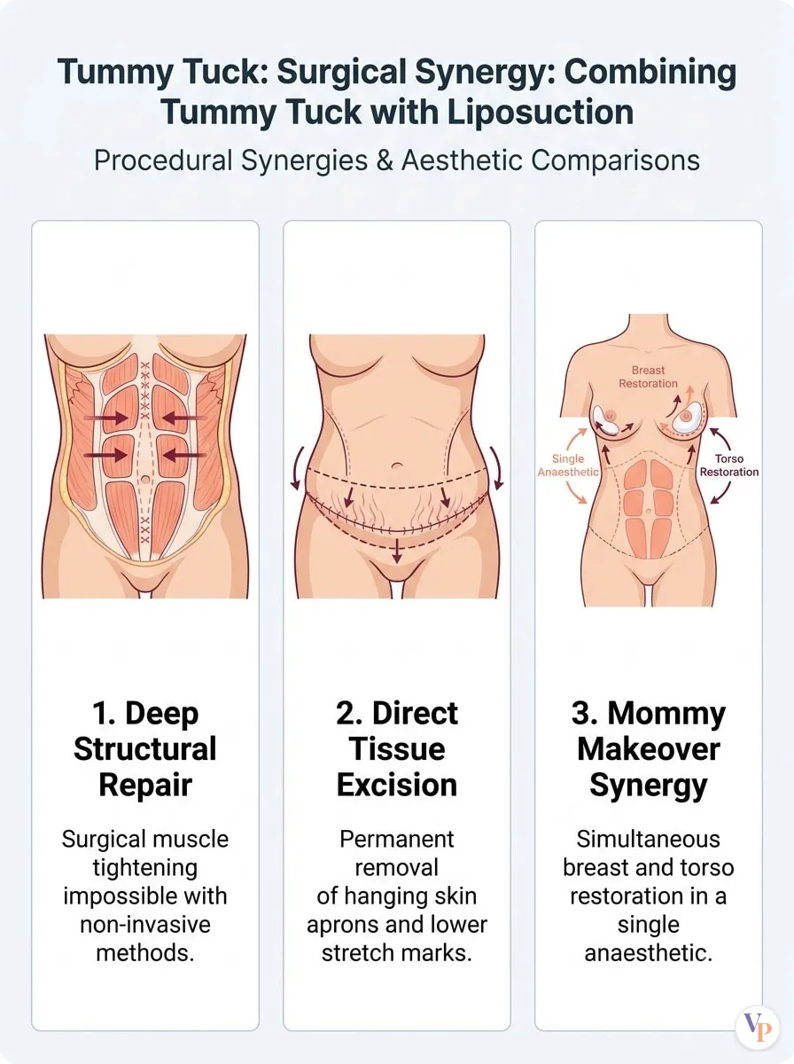 Medical schematic diagram illustrating Surgical Synergy: Combining Tummy Tuck with Liposuction in tummy tuck surgery by Dr. Vishal Purohit in Jaipur