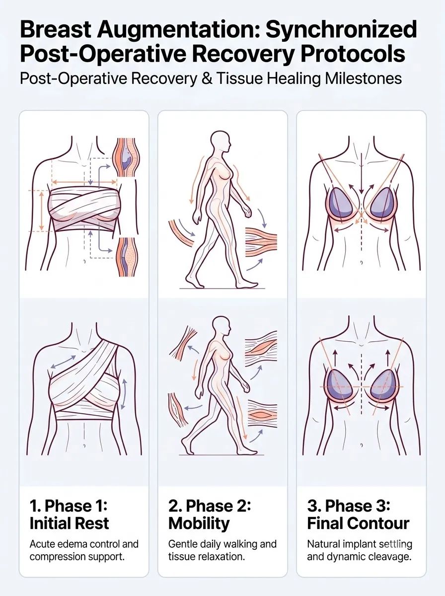 Medical schematic diagram illustrating synchronized post-operative recovery protocols in breast augmentation surgery by Dr. Vishal Purohit in Jaipur