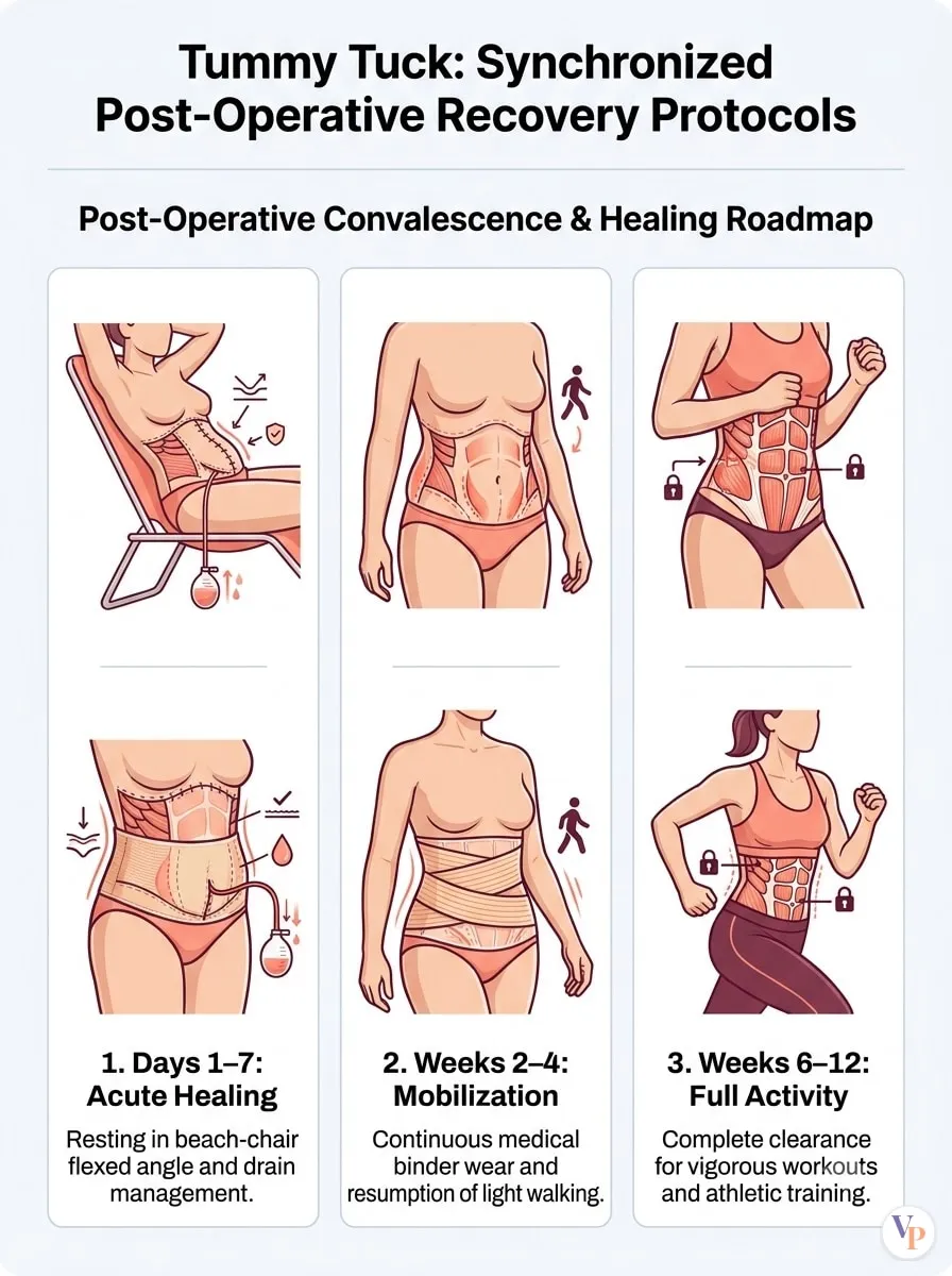 Medical schematic diagram illustrating Synchronized Post-Operative Recovery Protocols in tummy tuck surgery by Dr. Vishal Purohit in Jaipur