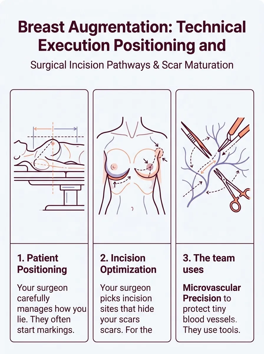 Medical schematic diagram illustrating technical execution: positioning and incision management in breast augmentation surgery by Dr. Vishal Purohit in Jaipur