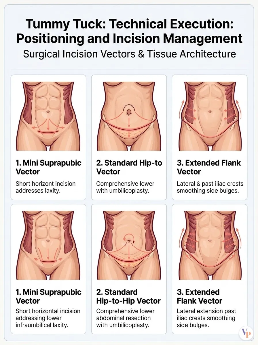 Medical schematic diagram illustrating Technical Execution: Positioning and Incision Management in tummy tuck surgery by Dr. Vishal Purohit in Jaipur