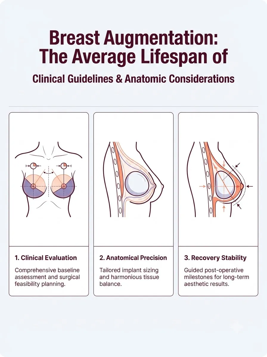 Medical schematic diagram illustrating the average lifespan of breast implants in breast augmentation surgery by Dr. Vishal Purohit in Jaipur