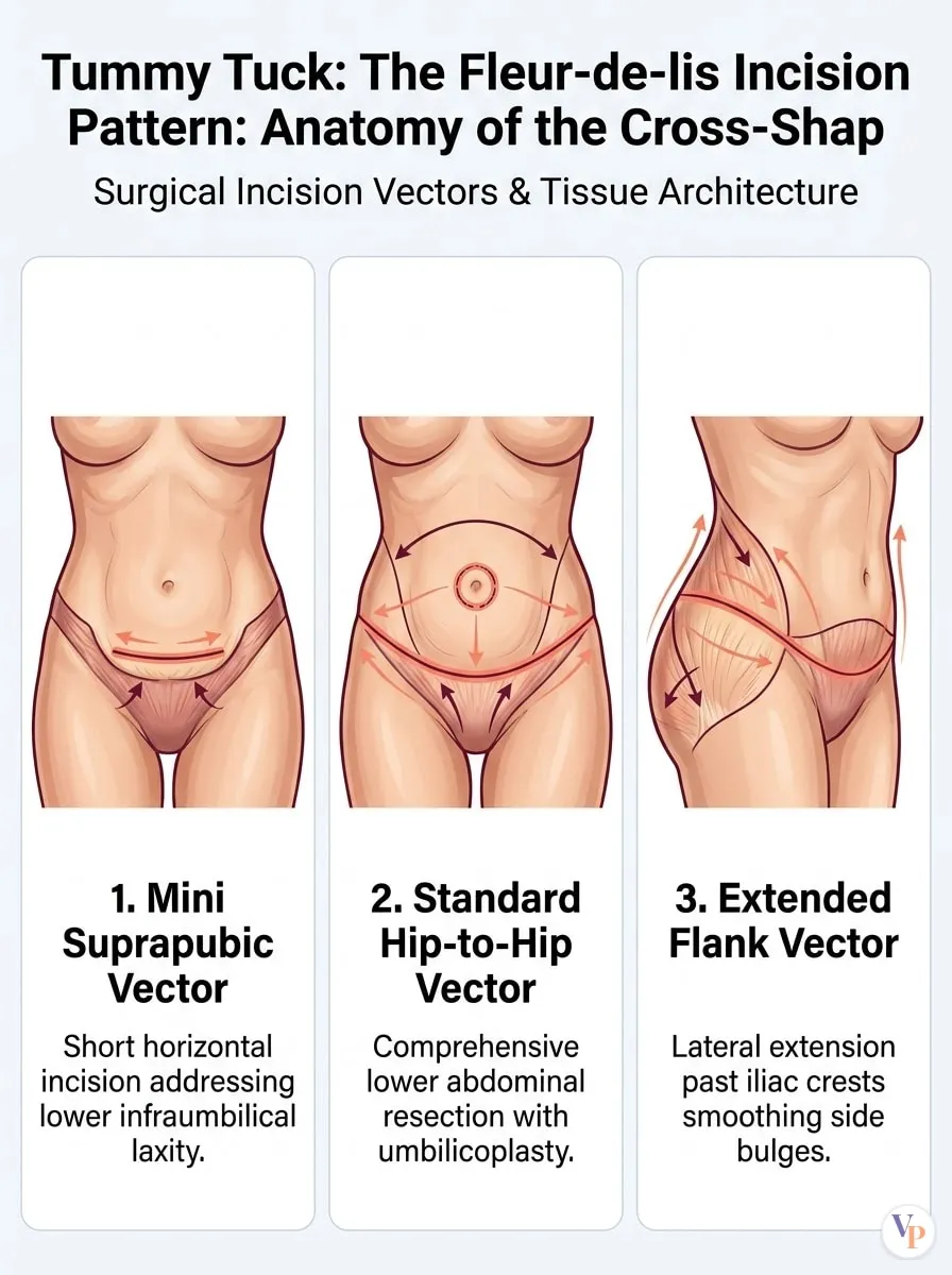 Medical schematic diagram illustrating The Fleur-de-lis Incision Pattern: Anatomy of the Cross-Shaped Scar in tummy tuck surgery by Dr. Vishal Purohit in Jaipur