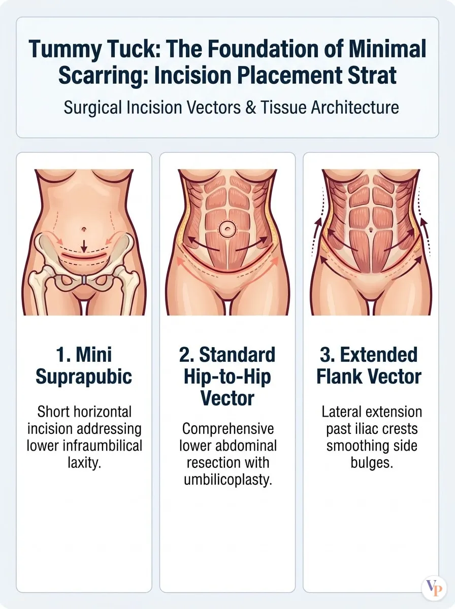 Medical schematic diagram illustrating The Foundation of Minimal Scarring: Incision Placement Strategy in tummy tuck surgery by Dr. Vishal Purohit in Jaipur