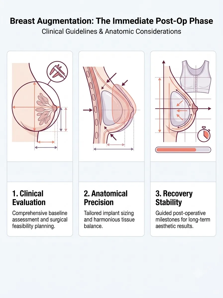 Medical schematic diagram illustrating the immediate post-op phase (days 1-14) in breast augmentation surgery by Dr. Vishal Purohit in Jaipur