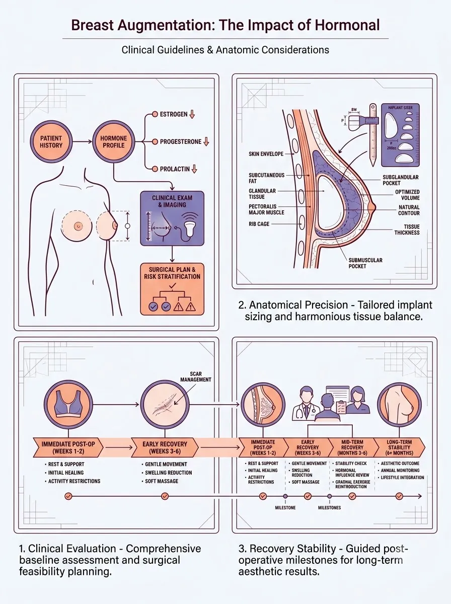 Medical schematic diagram illustrating the impact of hormonal stability on surgical outcomes in breast augmentation surgery by Dr. Vishal Purohit in Jaipur