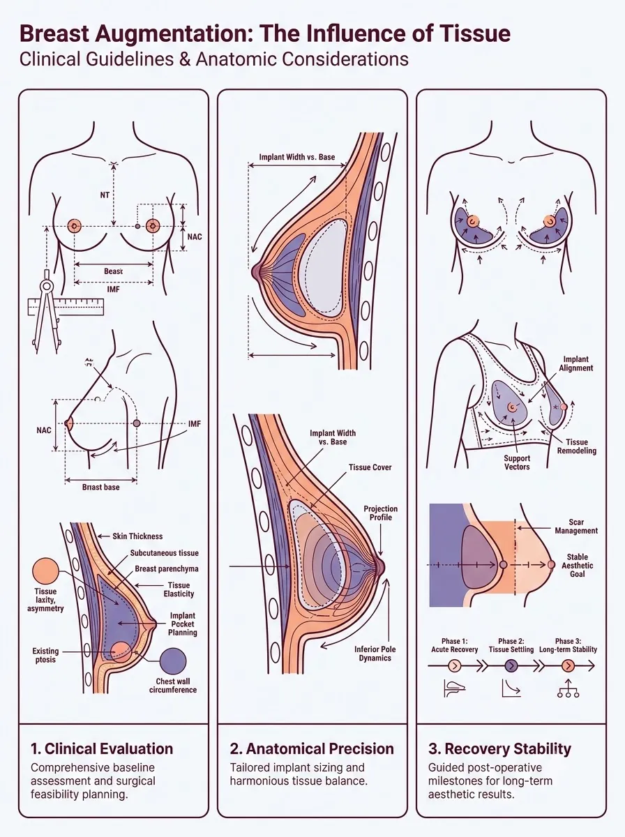 Medical schematic diagram illustrating the influence of tissue elasticity and the skin envelope in breast augmentation surgery by Dr. Vishal Purohit in Jaipur