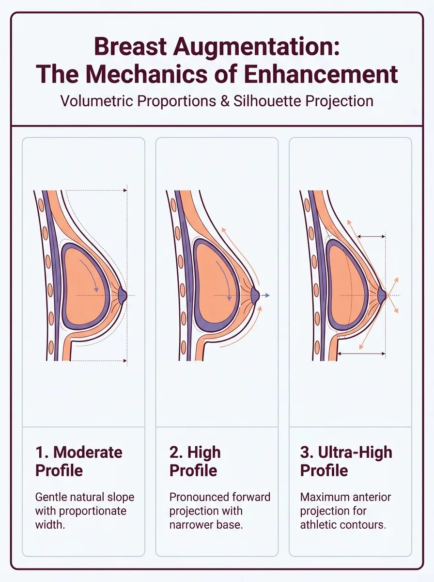 Medical schematic diagram illustrating the mechanics of enhancement: how implants increase size and shape in breast augmentation surgery by Dr. Vishal Purohit in Jaipur