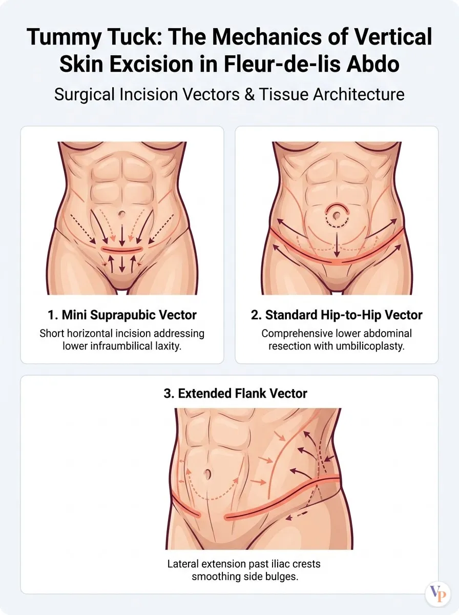 Medical schematic diagram illustrating The Mechanics of Vertical Skin Excision in Fleur-de-lis Abdominoplasty in tummy tuck surgery by Dr. Vishal Purohit in Jaipur