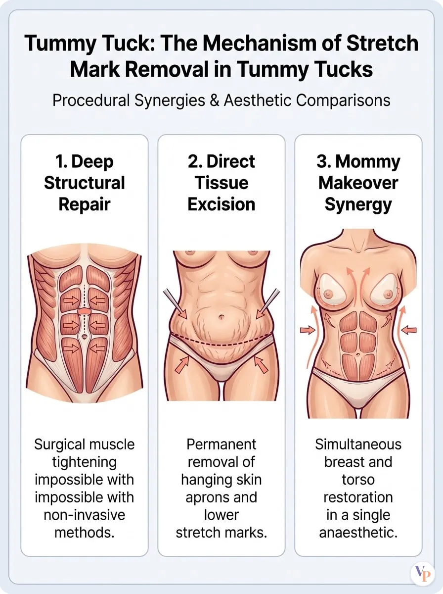 Medical schematic diagram illustrating The Mechanism of Stretch Mark Removal in Tummy Tucks in tummy tuck surgery by Dr. Vishal Purohit in Jaipur