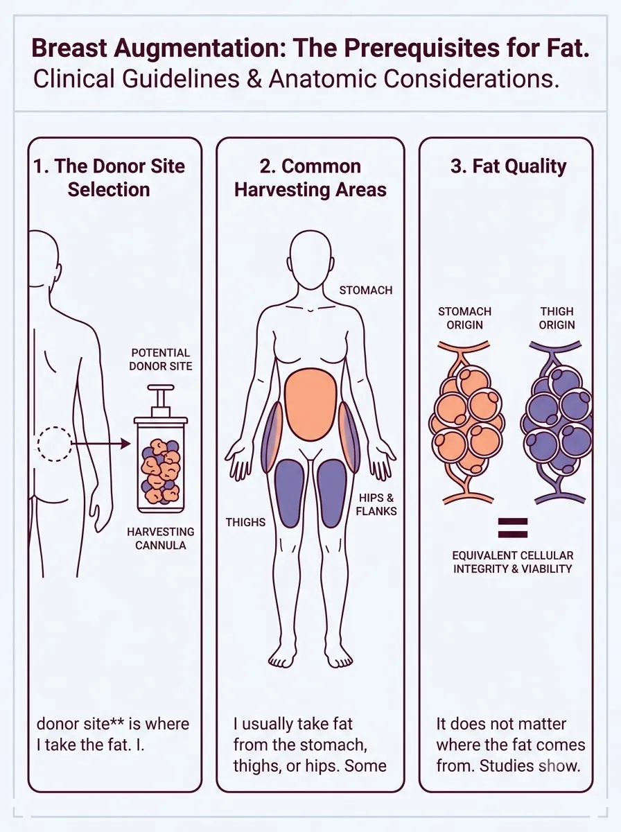 Medical schematic diagram illustrating the prerequisites for fat transfer: donor site requirements in breast augmentation surgery by Dr. Vishal Purohit in Jaipur