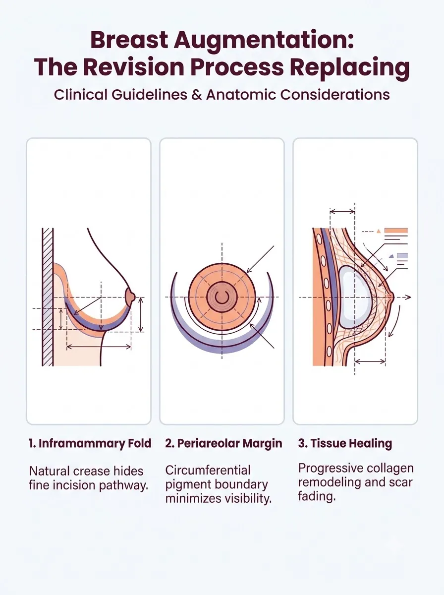 Medical schematic diagram illustrating the revision process: replacing old implants in breast augmentation surgery by Dr. Vishal Purohit in Jaipur