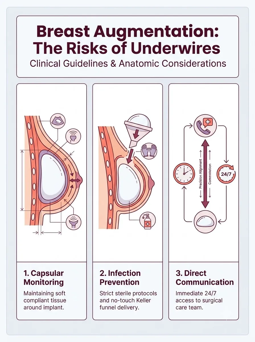 Medical schematic diagram illustrating the risks of underwires on the implant capsule in breast augmentation surgery by Dr. Vishal Purohit in Jaipur