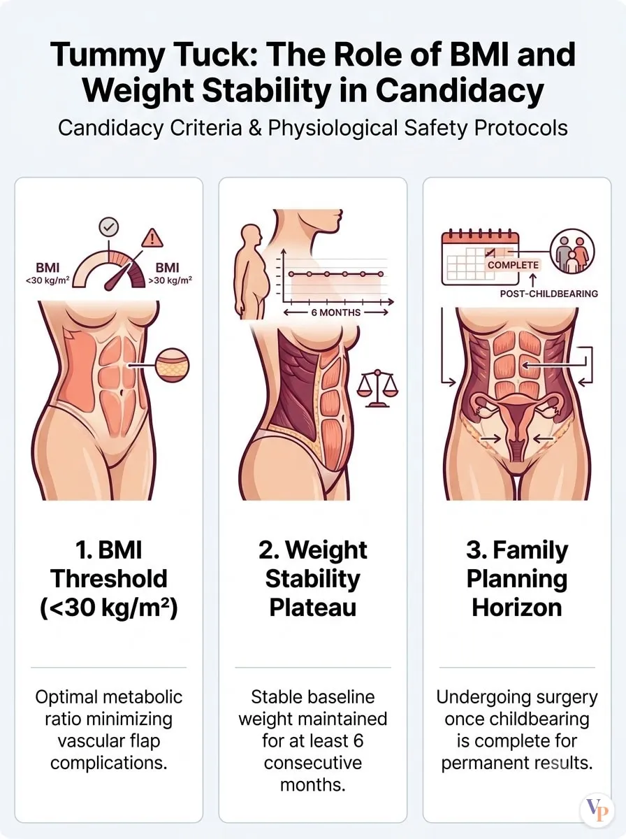 Medical schematic diagram illustrating The Role of BMI and Weight Stability in Candidacy in tummy tuck surgery by Dr. Vishal Purohit in Jaipur