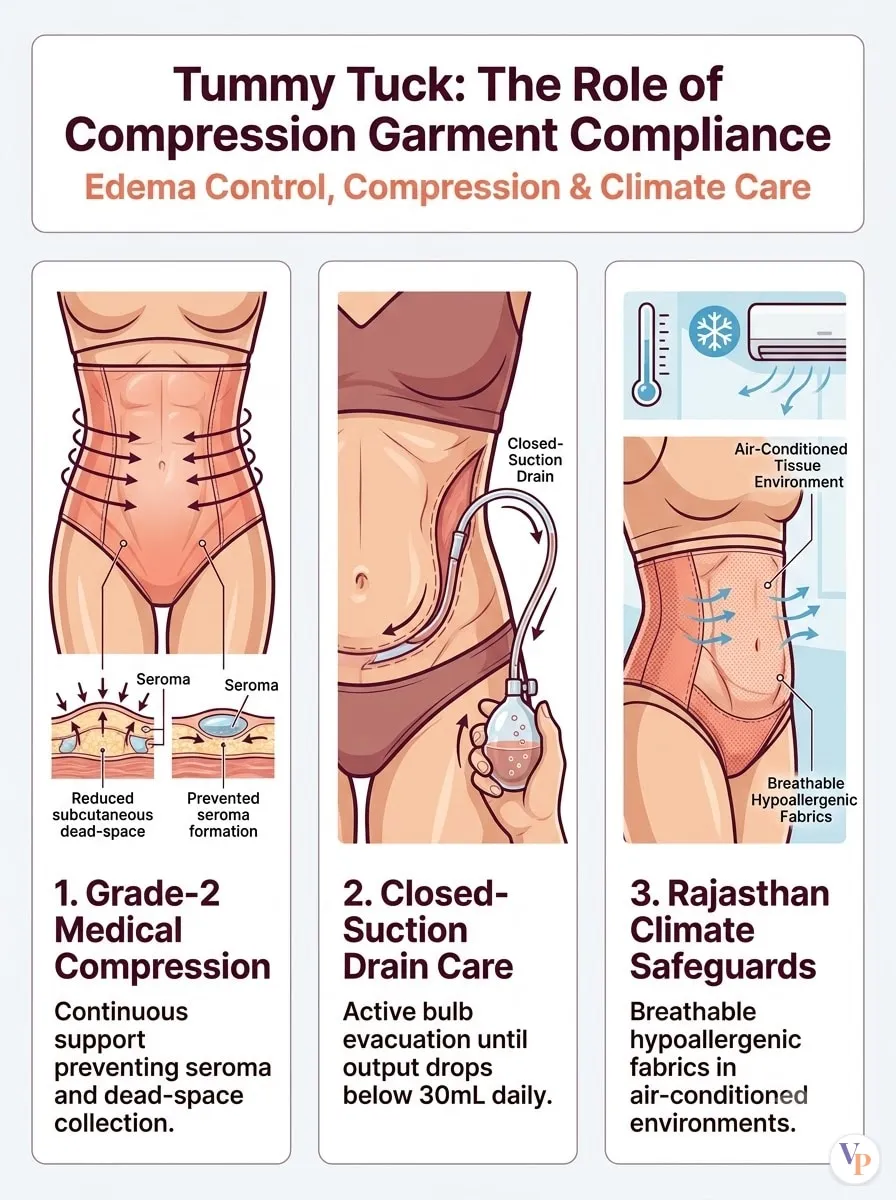 Medical schematic diagram illustrating The Role of Compression Garment Compliance in tummy tuck surgery by Dr. Vishal Purohit in Jaipur